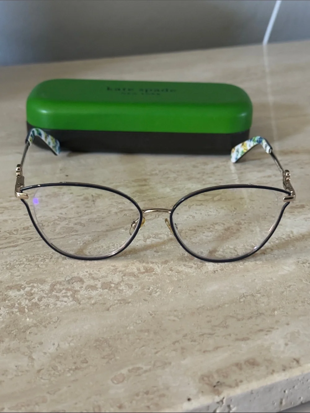 kate spade prescription Gold and Black Cat-Eye Glasses with Floral Temple Tip
